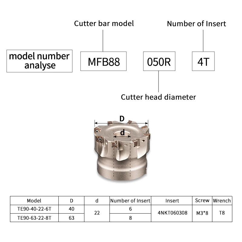 TE90-40-16-6T TE90-63-22-8T Double-sided high-efficiency open rough square shoulder end mill 4NKT blade milling cutter