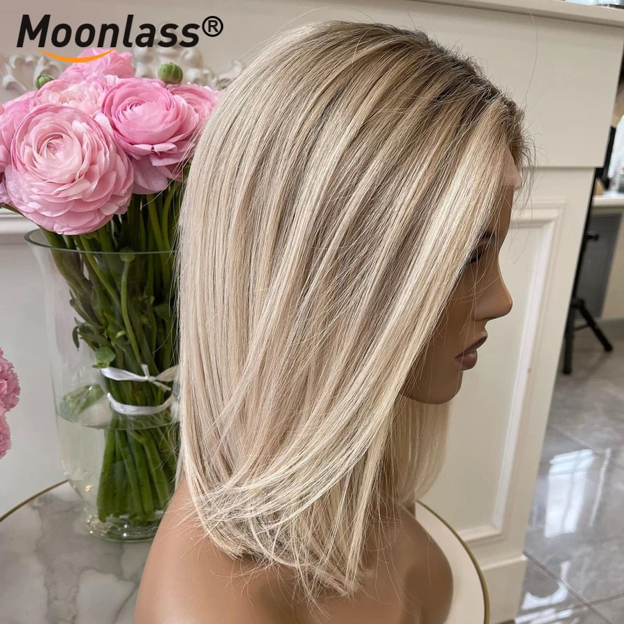 Korte As Blonde Pruiken Menselijk Haar Ombre Highlight Pruik 180% Dichtheid Bot Rechte Pruik 13X4 Lace Front Human Hair Pruiken Voor Vrouwen