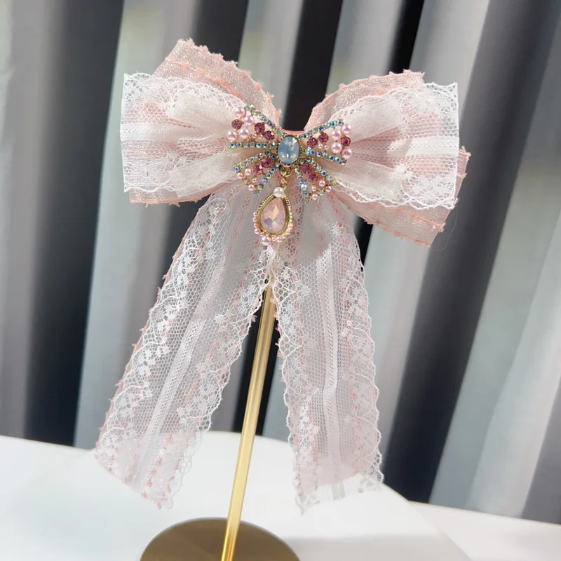 

Korean Version Lolita Lace Bow Tie Women's Collar Flowers Ribbon Black Bowkont High-end Rhinestone Shirt Brooch Handmade Jewelry