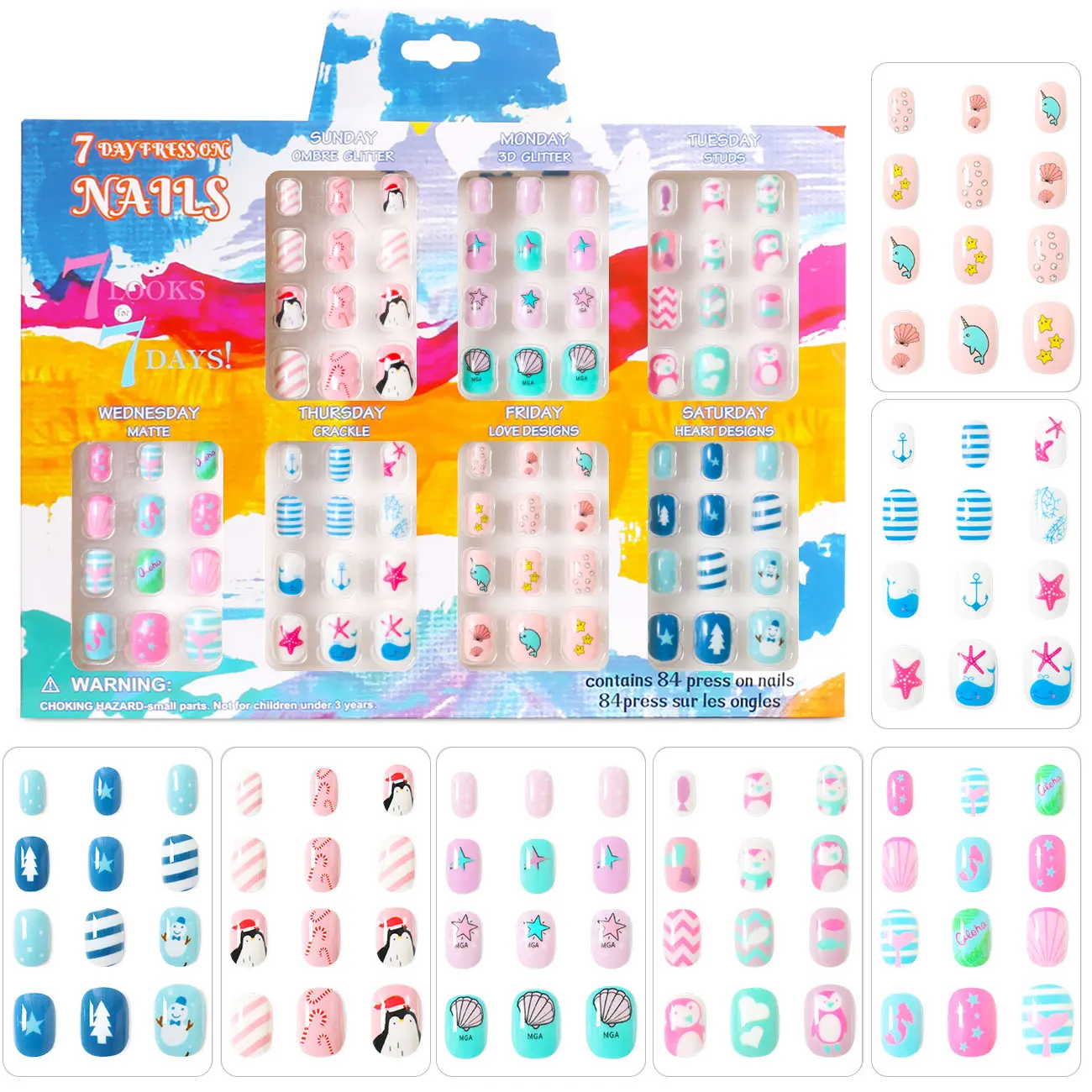 84pcs kid False Nail Tips Children marine life Full Cover Kid Glue Self Fake Nail Art for Girls Manicure Tips Nail Decor