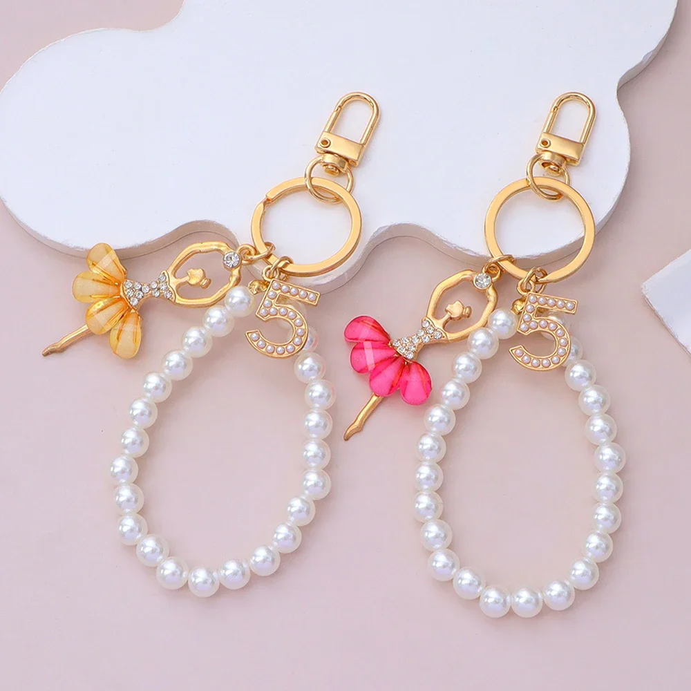 Fashion Ballerina Girl Pendant Keychain Women Girls Faux Pearl Beaded Lanyard Keying For Handbag Purse Charms Art Student Gift