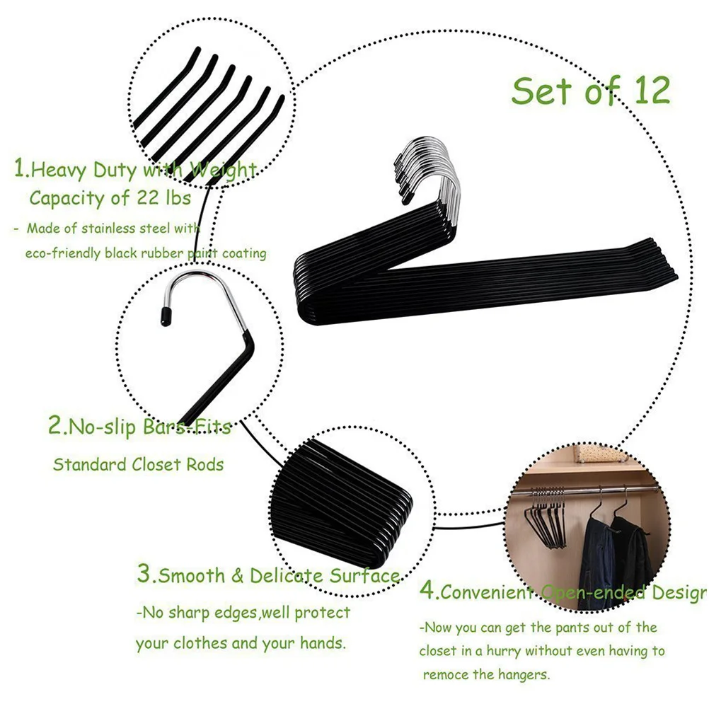 

12Pcs Heavy Duty Pants Hangers Stainless Steel Open Ended Anti-Slip Black Rubber Coated Trousers Organizer Closet Storage