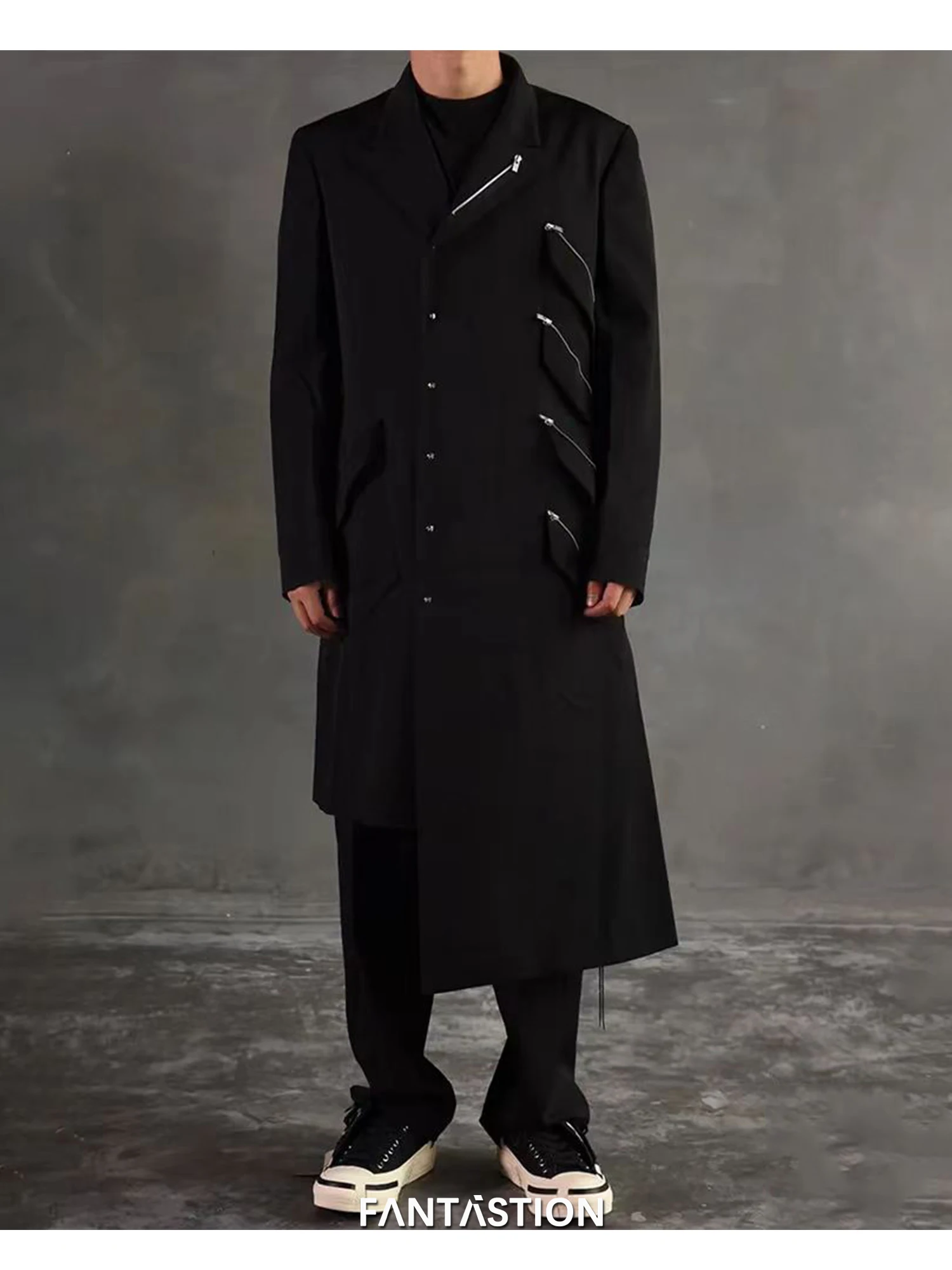 FANTASTION Jackets man long coat zippers pockets Men trench coat oversize unusual jacket Men\'s coats blazers designer jackets
