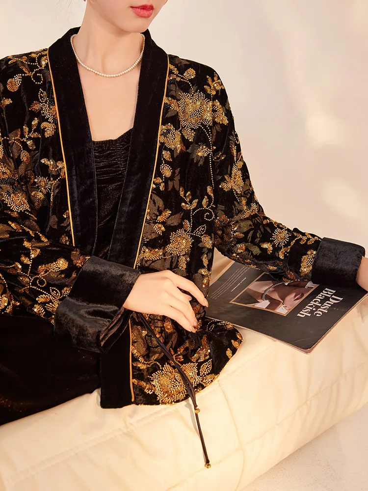 2026 New Heavy Industry Embroidered Bead Cardigan National Style Silk Temperament V-neck Luxury Vintage Coats Loose Costume