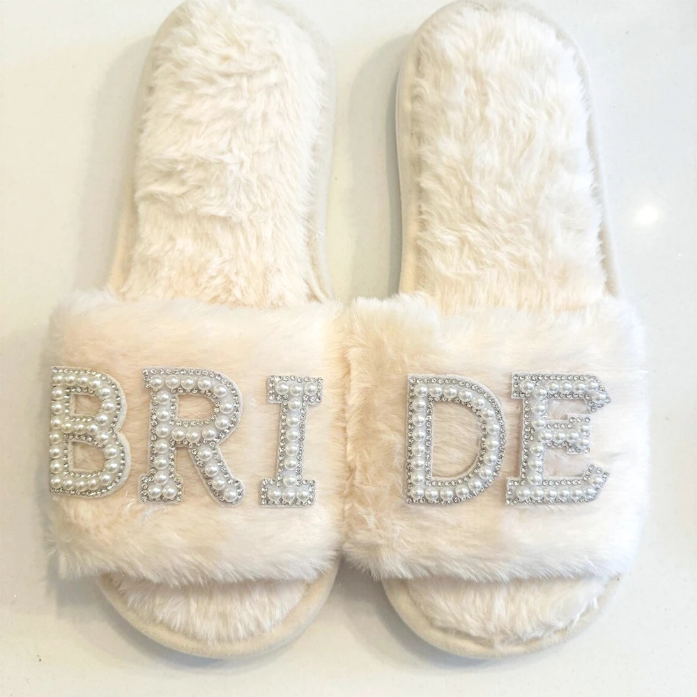 Bride Pearl Letter Fluffy Slippers Pearl Bride Slippers Bride To Be Gift Wedding Decor Bachelorette Party Supplies Honeymoon