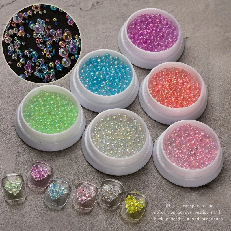 1Pcs Japanese Aurora Iridescent Mermaid Bubble Mixed Size Clear Round Beads Candy Nail Decor For DIY Press On Nails Manicure