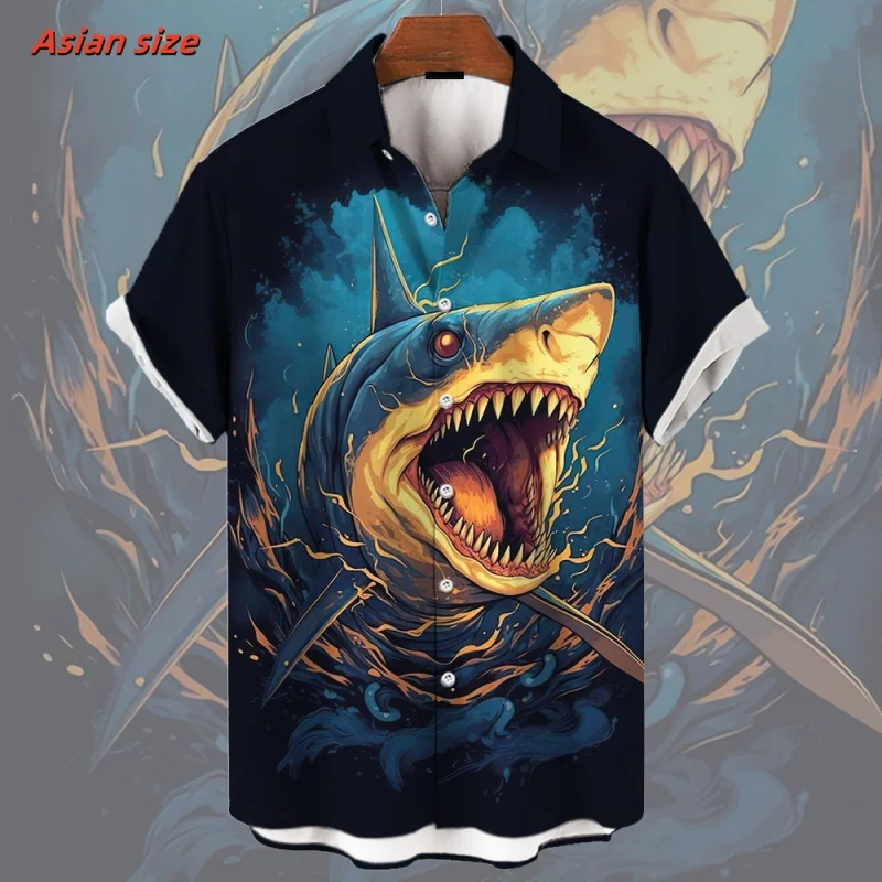 Cool Shark Tentacles Pattern Hawaiian Shirt For Men Marine Life 3D Print Blouse Short Sleeve Street Loose Lapel Tops Aloha Shirt