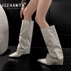 JOZHAMTA Size 34-42 Women Knee High Boots Fold Over Soft Leather Pointy Wedges Heels Shoes Fall Winter 2025 Wide Calf Long Boots