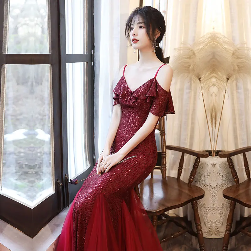 

Ele Long Red Wedding Dr with Strap Fi Tail for Engagement Par Banquet Performance Polyester Fiber Evening Gown