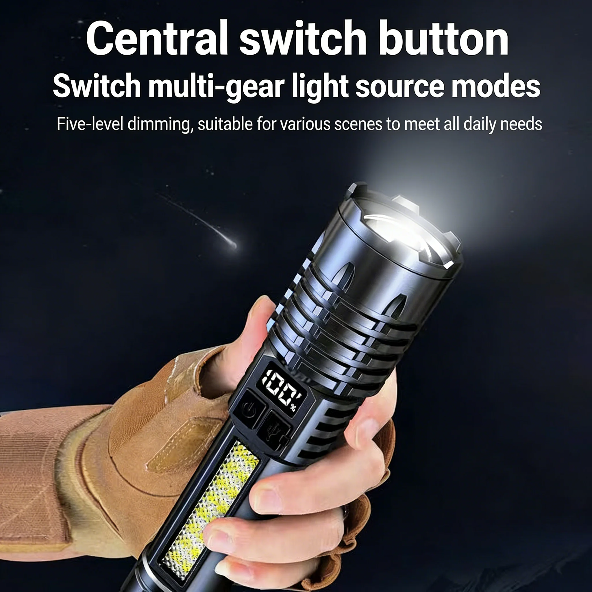 Portable High Powerful LED Flashlight TYPE-C Rechargeable COB With Side Light Torch For Outdoor Camping Hiking
