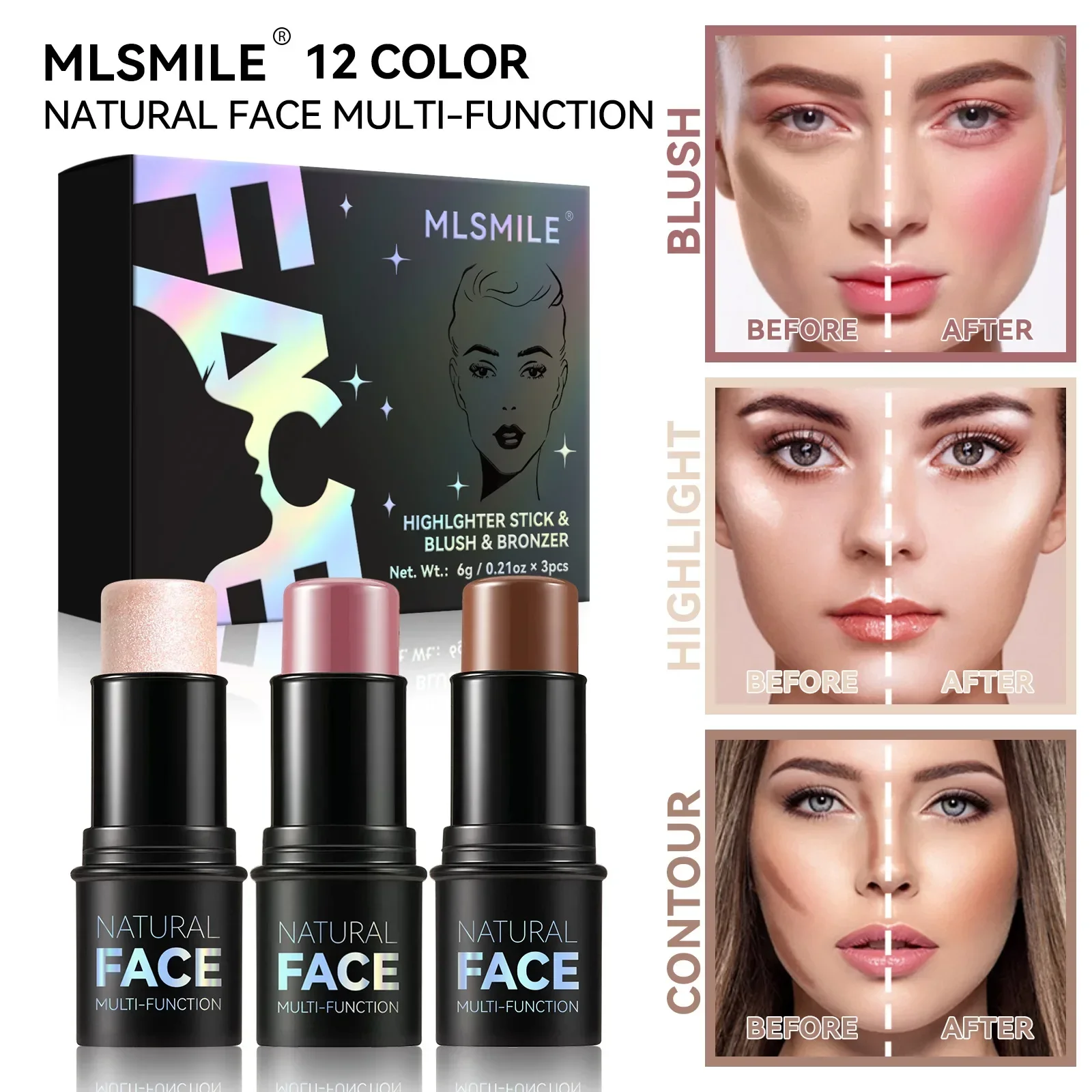 MLSMILE 3 Pcs Highlight Stick Set Multi-purpose Blush Contour Makeup Stick Waterproof Oil Control Professional Cosmetics 6g*3