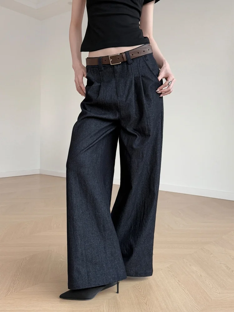 

Широкие джинсы Inbeowroom в американском стиле ретро, свободные повседневные прямые длинные брюки нейтрального цвета, классический синий хлопок