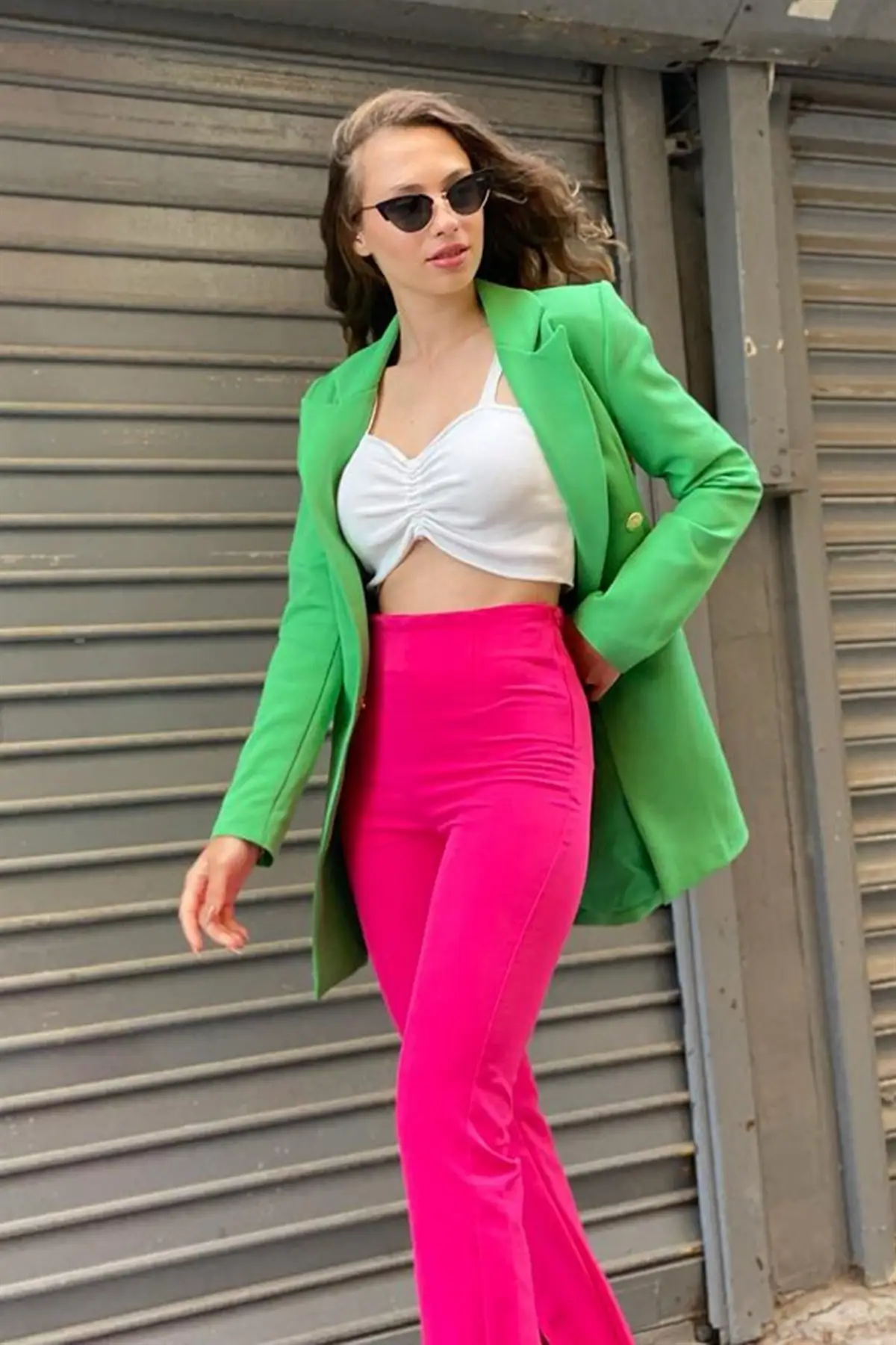 Schouders Met Schoudervullingen Front Snaps Atlas Stof Vrouwen Blazer Jas-Groen
