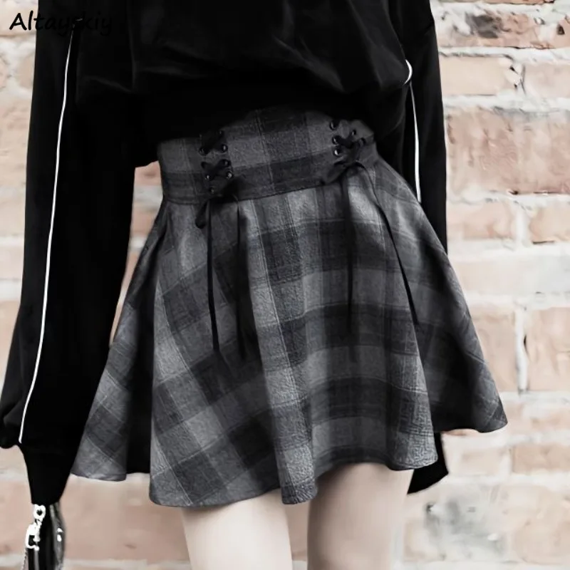 Women Dark-gray Plaid Skirts High Waist Lace-up Punk Mini Skirt Girls Retro Autumn Winter Streetwear Faldas All-match College