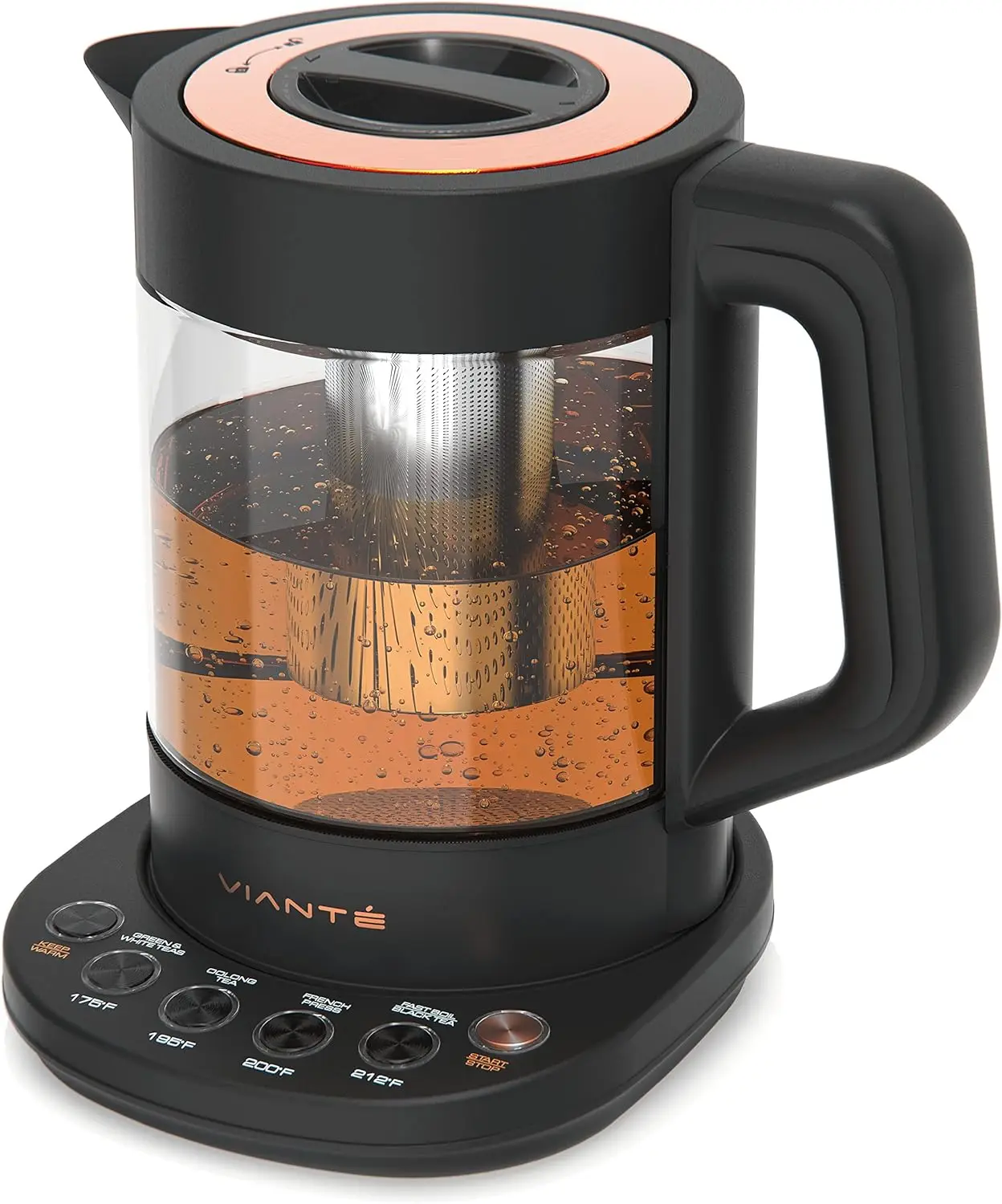 

Vianté Hot Tea Maker Electric Glass Kettle with tea infuser and temperature control. Automatic Shut off. Brewing Programs for yo