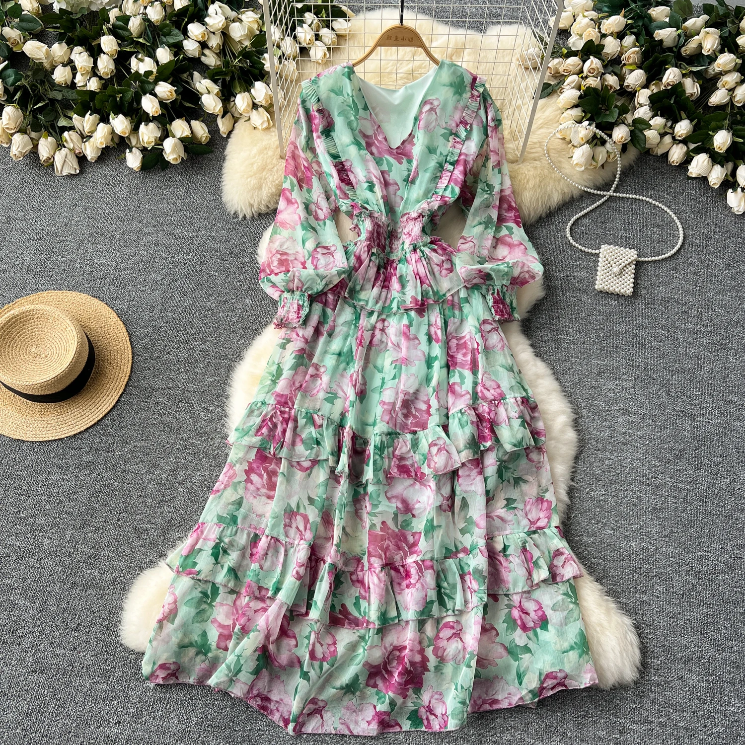 Chic Ruffle print V Neck Dress Chiffon A-line Casual Korean Fashion Women Elegant Vestidos summer sweet dresses