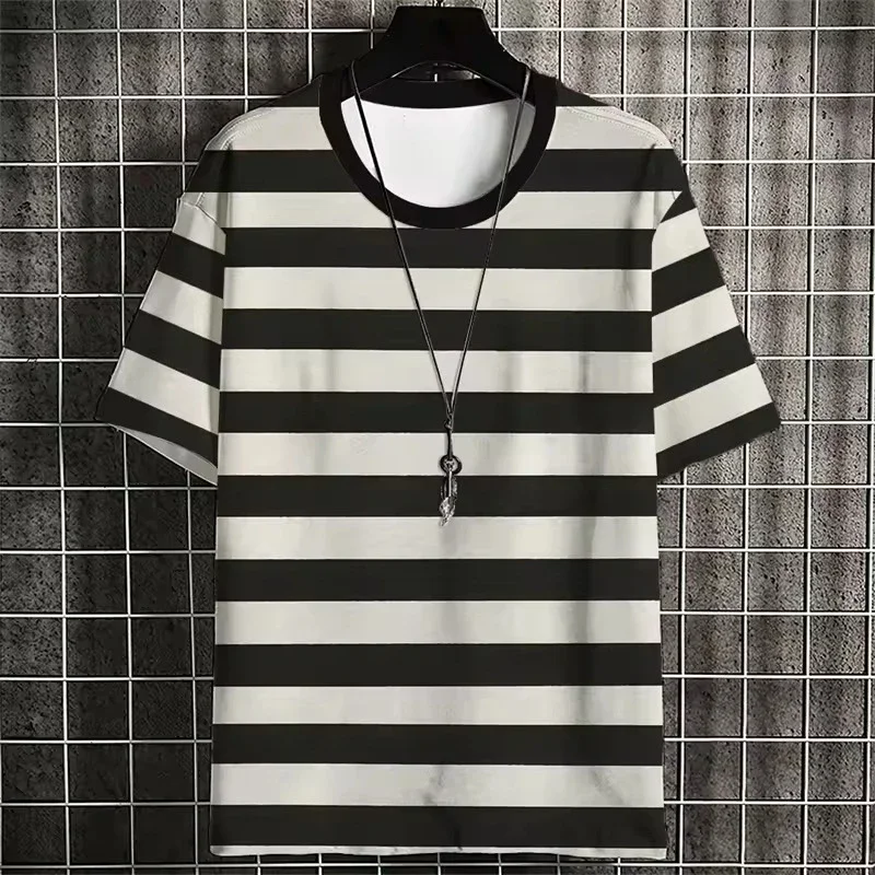 Fashion New Men's Classic Black White Striped Printed T-Shirt Summer Crew Neck Short Sleeve Casual Basic Streetwear Tee Tops
