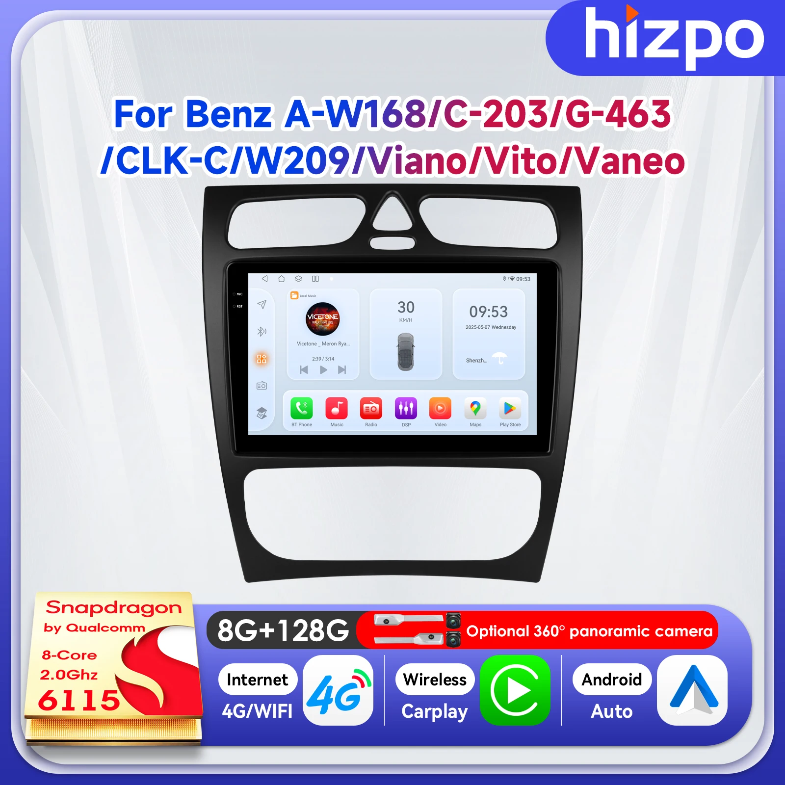 

Автомагнитола Hizpo 9 дюймов для Mercedes-Benz C-класса, CLK-класса (W203, W209, W168) с беспроводным CarPlay и стереосистемой