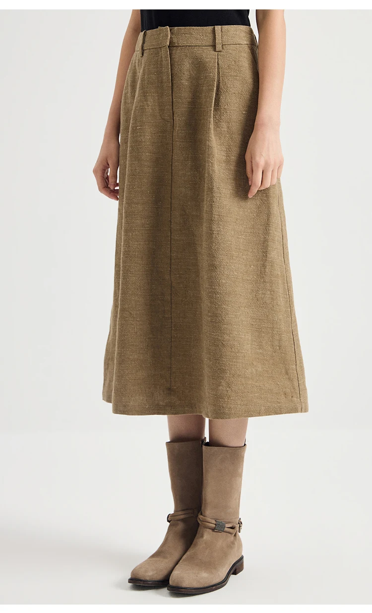 KT7623902 Damen-Midirock aus Leinen-Wollmischung, A-Linie, hohe Taille, vordere Falte, Gürtelschlaufen, leiser Luxus, Frühherbst – Detail 4