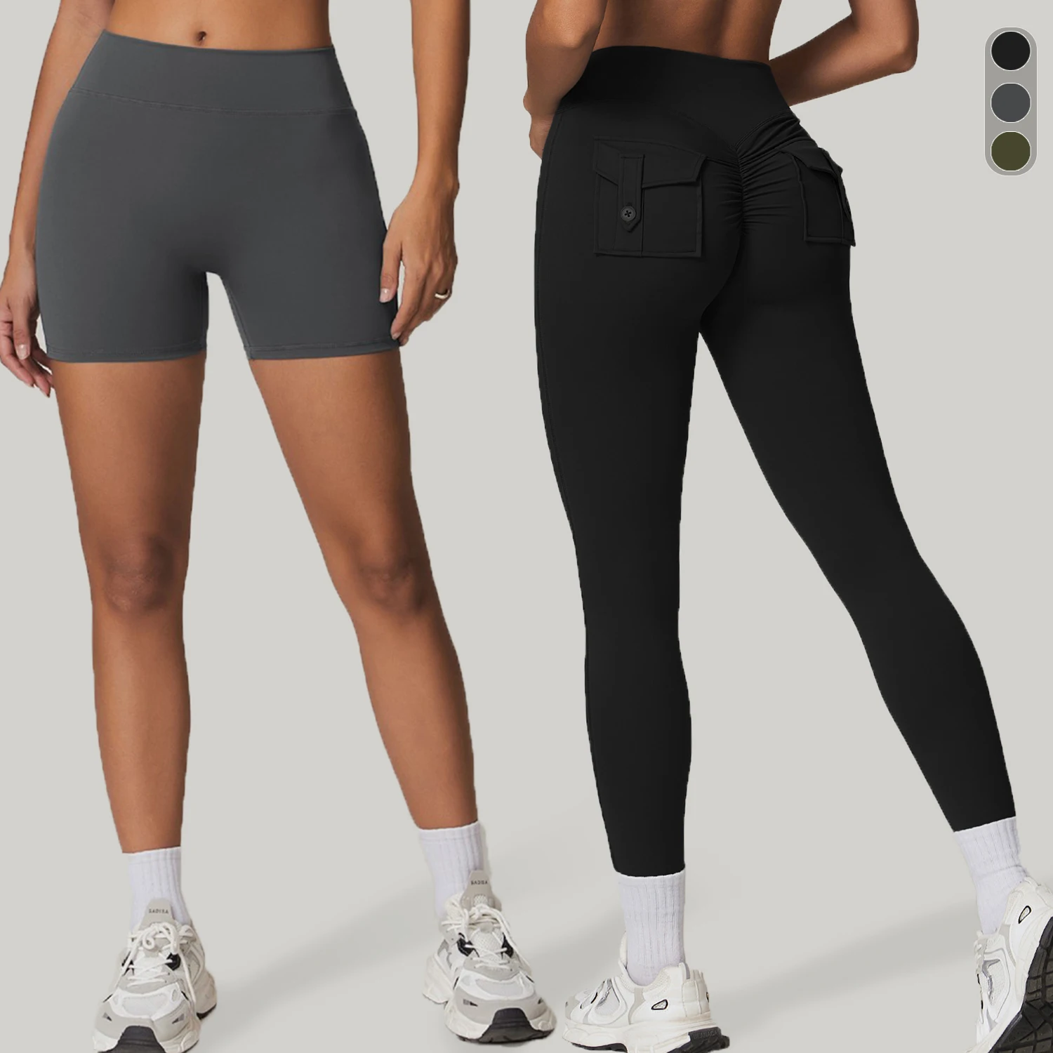 شورت رياضي مضغوط عالي الخصر للنساء ، بنطال ضيق لرفع الأثداء الرياضية ، ملابس رياضية للركض ، سراويل لياقة بدنية ، جيوب