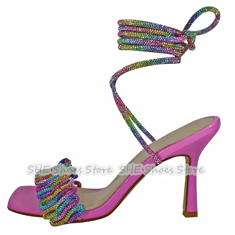 

Fashion Colorful Rhinestone Ankle Cross Strap Women Sandals Square Toe One-Strap High Heel Slingback Pumps Ladies Dress Shoes