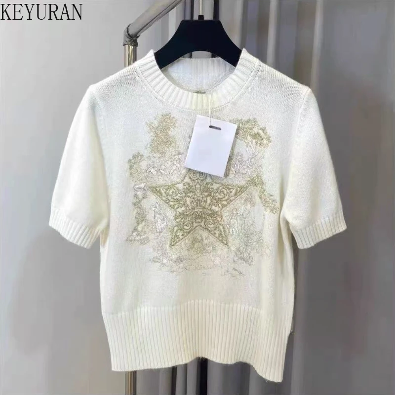 

Spring Summer Fashion Star Embroidery Knit Sweater T-shirt Women Vintage Round Neck Short Sleeve Sweet Pullover Tops Ladies Tees