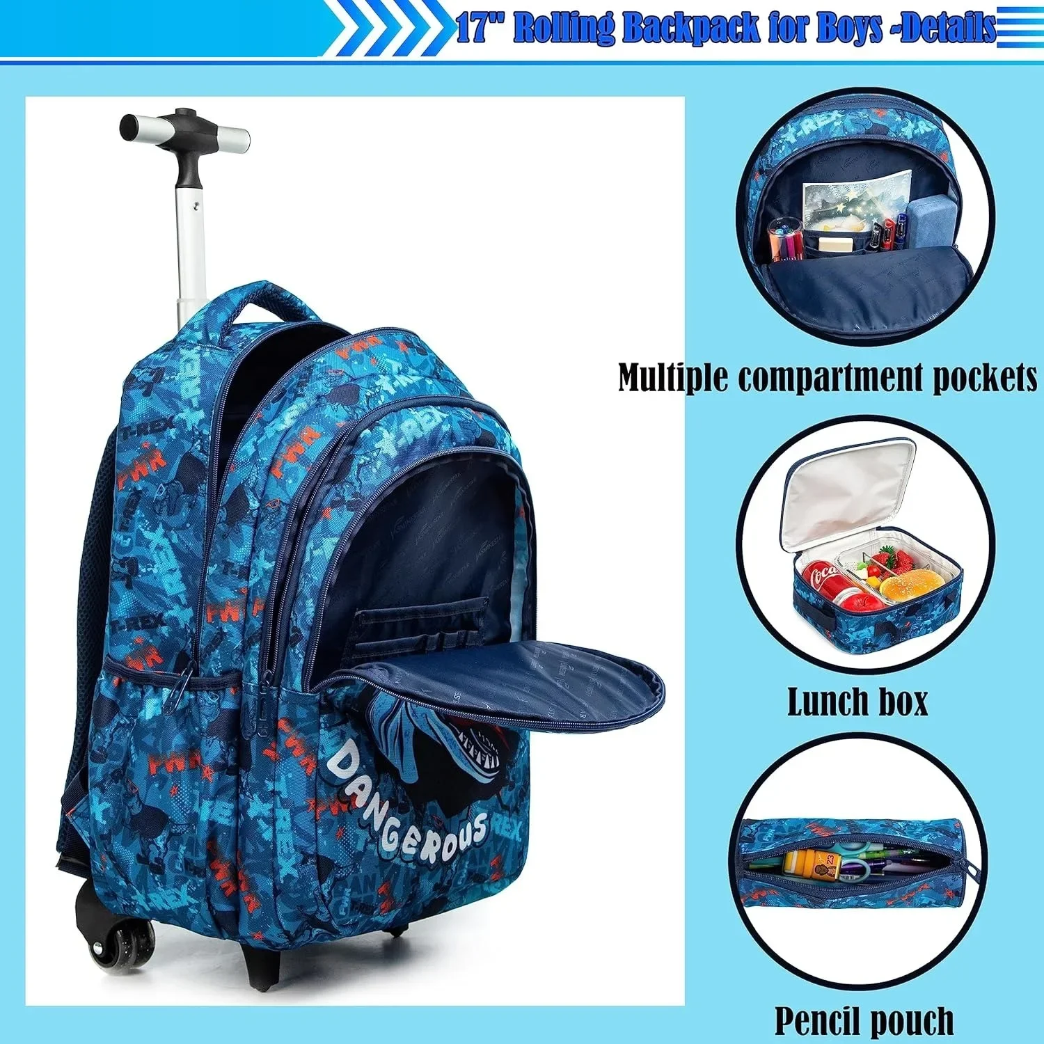 Rolling Trolley Bag Set com lancheira térmica, mochilas escolares, mochila de rodas para meninos e meninas, 18"