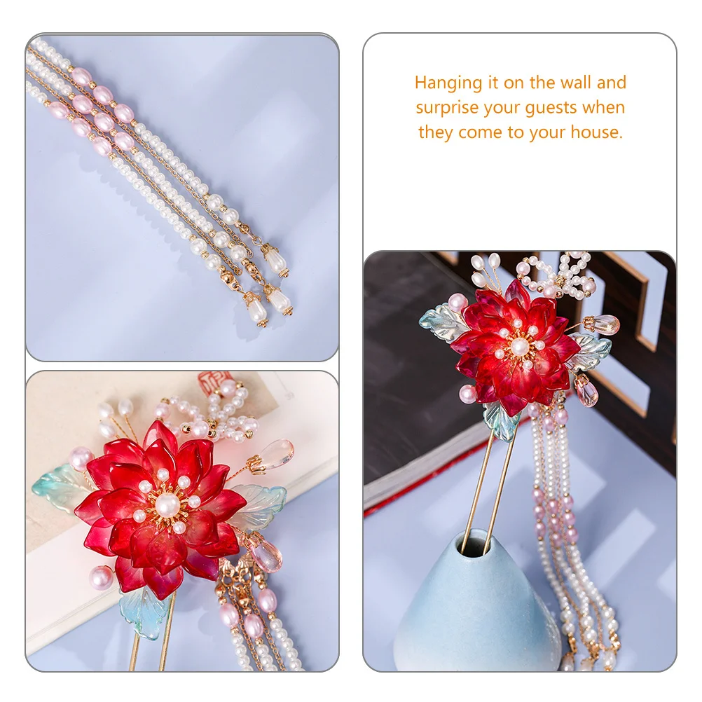 

Women Hair Fork Red Flower Tassel Hair Chopstick Premium Alloy Bun Pin for Prom Anniversary Dating Elegant Daily Wear Accessory