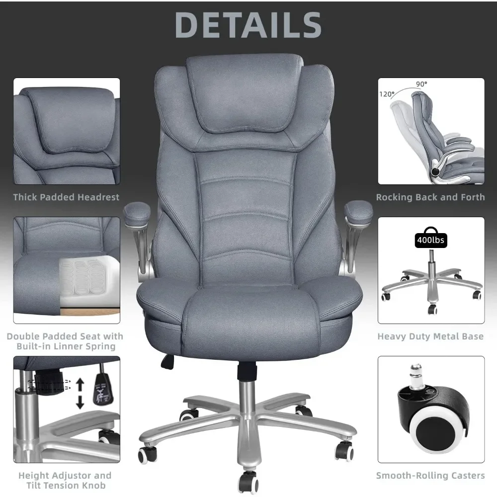 Asiento ancho de 400 libras, silla de oficina de cuero con respaldo alto, soporte lumbar con reposabrazos ajustables, gris/azul, GM