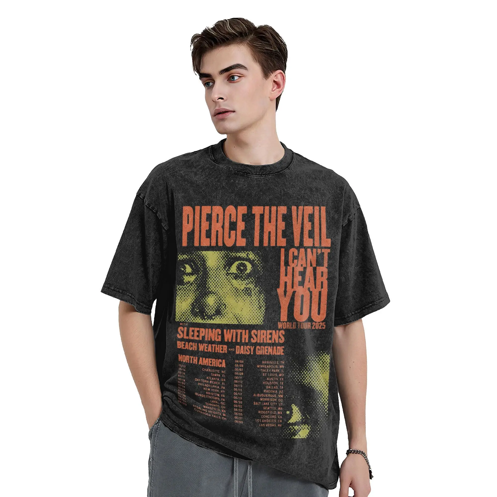 Pierce The Veil I Can' Hear You World Tour Washed T Shirt for Men Women Streetwear Hip Hop T-Shirt Summer Tees Tops Cotton