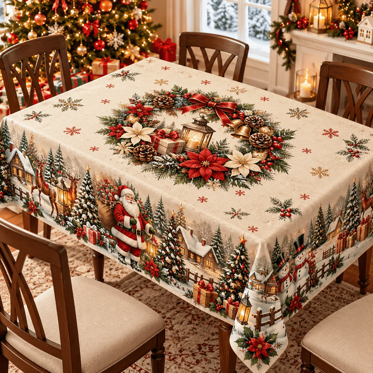1 round tablecloth, Christmas wreath snow print polyester tablecloth, beige background with Santa Claus,reindeer elements