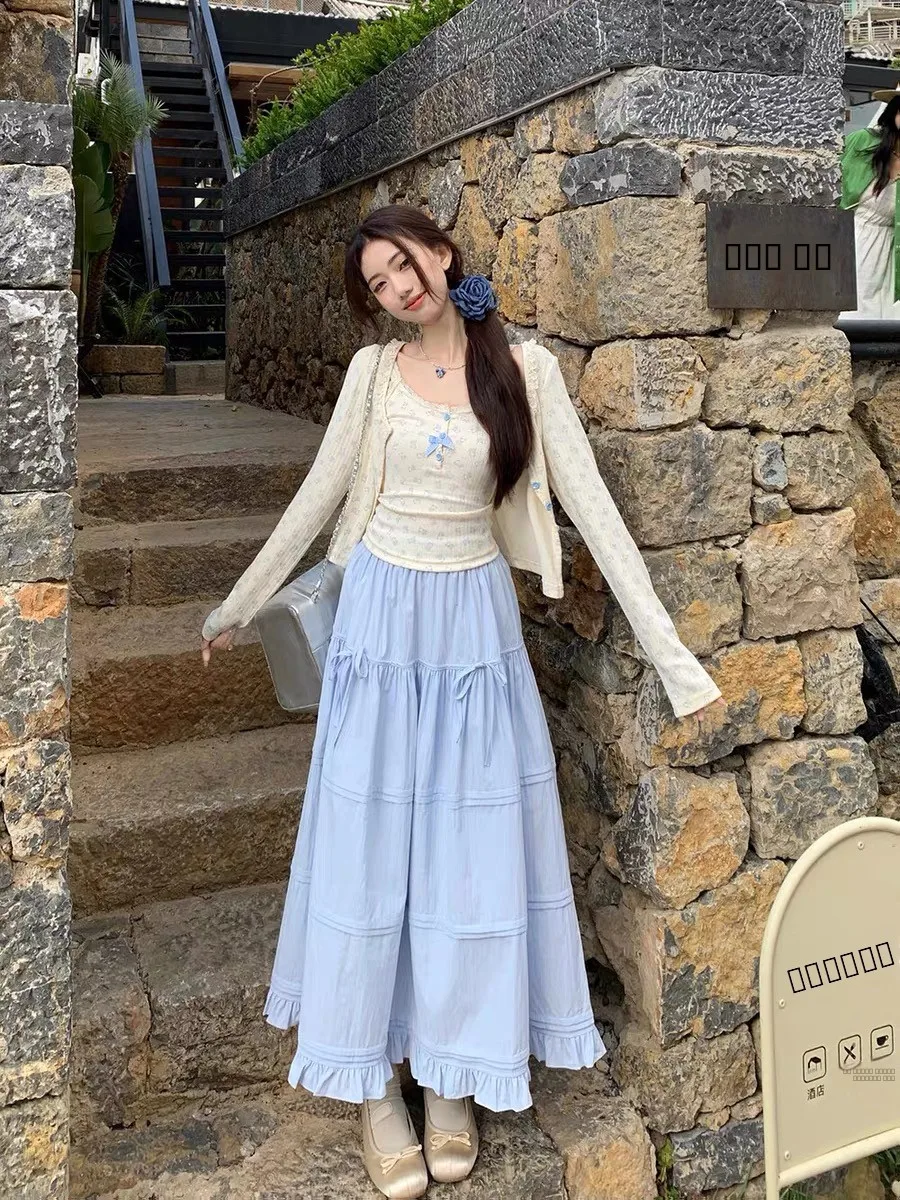 

Sweet Vacation Style Tea Series First Love Set Women's Three-Piece Suite Countryside Wind Open Cardigan Half Skirt Three-Piec...