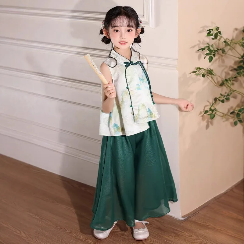 Kids New Chinese Style Vest Hanfu Set Ancient Costume Summer New Girls Chinese Style Vest Wide Leg Pants Two Piece Set