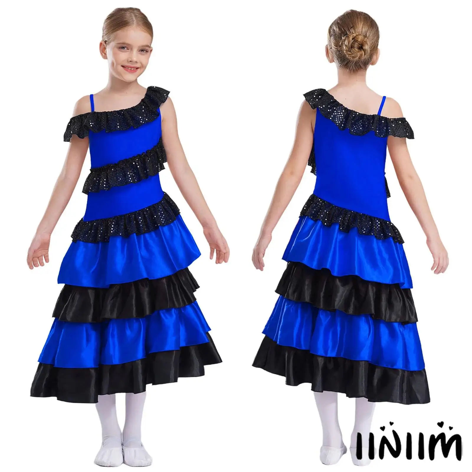 

Girls Carnival Festival Fancy Dress-up Suit Traditional Spanish Flamenco Dancewear Color Block Tiered Ruffled Folklorico Dress