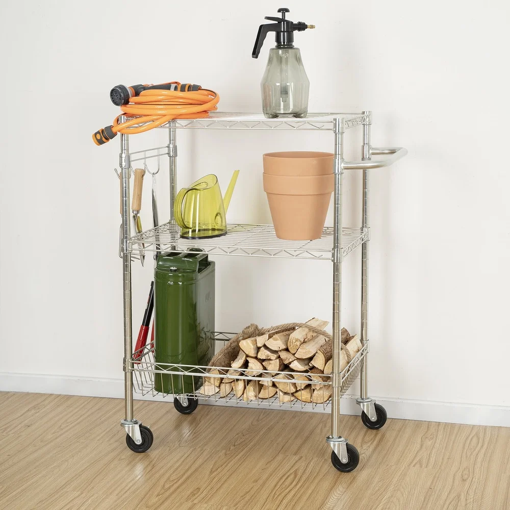 3-Tier Multipurpose Rolling Cart Adjustable Shelves Durable Steel Construction 495lbs Load Capacity NSF Certified Easy Mobility
