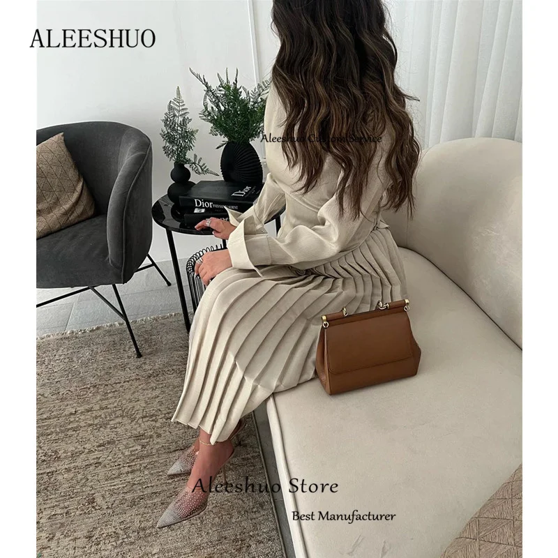 Aleeshuo Modern Long Satin Prom Gowns A-Line O-Neck Saudi Arabia Long Sleeves Evening Dresses فساتين السهرة Pleated Ankle-Length