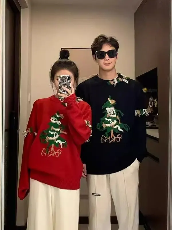 

Красный вязаный свитер Cisas ex, винтажная внутренняя одежда, базовый наряд для пар, мужской и женский зимний теплый топ, круглый длинный длинный с...