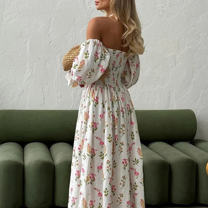 Robe longue plissée à manches lanterne pour femmes, imprimé floral, fendue, décontractée, sexy, mode, vacances, automne, 2024