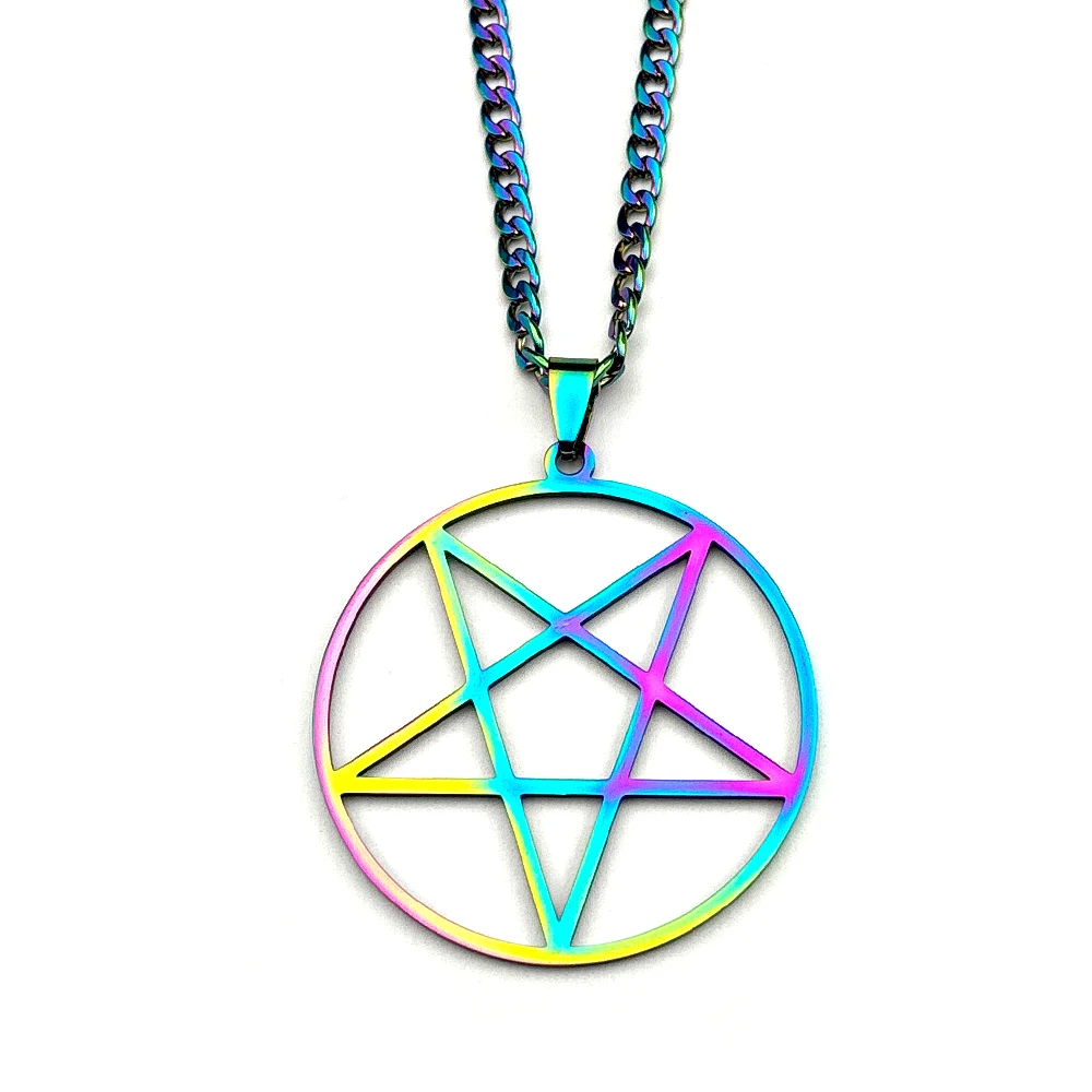 Retro Witchcraft Pentagram Pendant Necklace For Women Men Stainless Steel Rainbow Color Lucky Punk Male Chain Jewelry Gift
