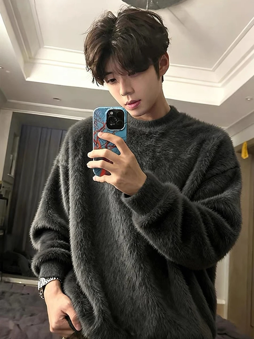 

Мужской зимний свитер с круглым вырезом и воротником из темно-серого меха, утепленный флисом, теплый, мягкий, на флисовой подкладке, как внутренняя рубашка