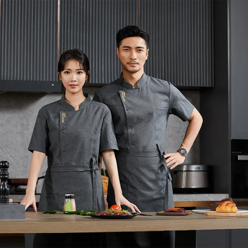 Summer Short-sleeved Chef's Jacket Quality Waiter Uniform Hotel Cook Cooking Clothing Bakery Cafe Waiter Shirt Men Kitchen Coat