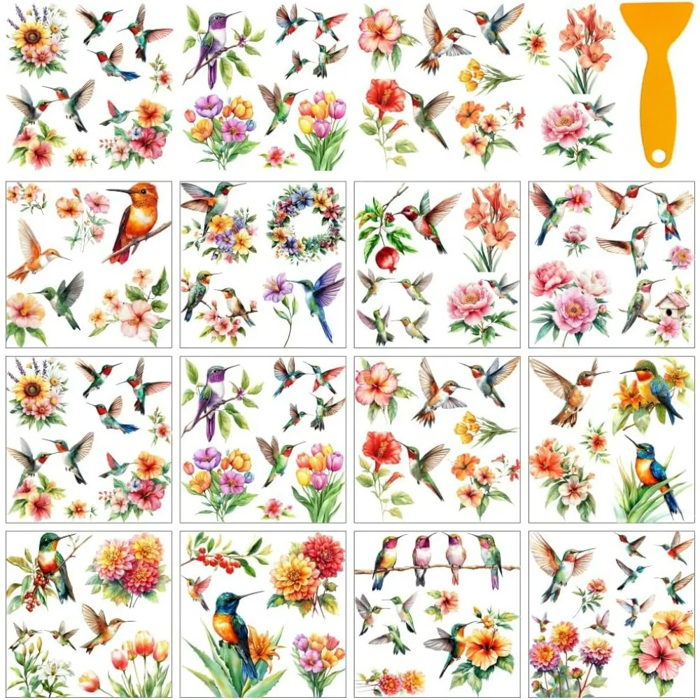 12 Blatt Kolibri-Thema zum Reiben auf Transferaufkleber, Blumen, Fensteraufkleber, haftet Heimdekoration, Aufkleber für die Schule