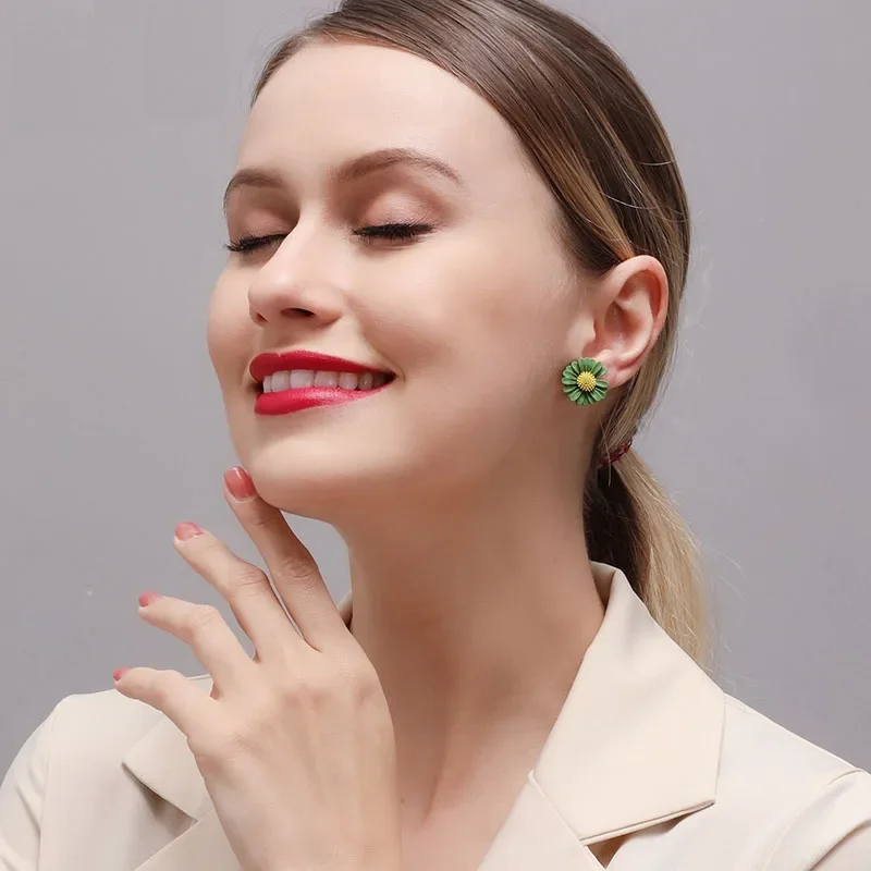 Cute Colorful Single Double Two Flowers Daisy Green White Orange Yellow Pink Simple Alloy Stud Earrings for Women & Children