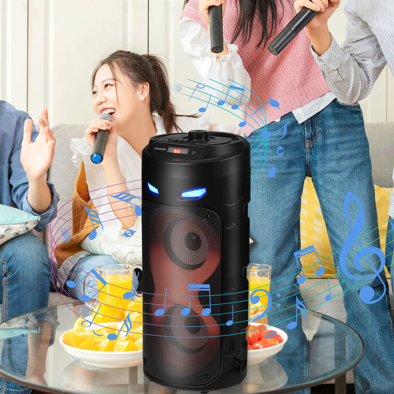 

Portable Speaker With Subwoofer Led Lights Wireless Microphone Remote Powerful Bass Stereo Sound System For Home Party Outdoor