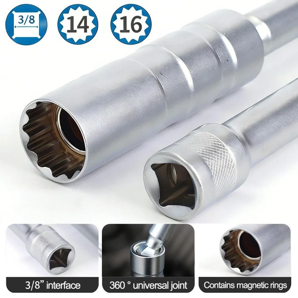

Magnetic Spark Plug Socket Wrench Universal Joint 14/16mm 3 /8" Drive Thin Wall Removal Tool Long Extension Bar Auto Repair Kit