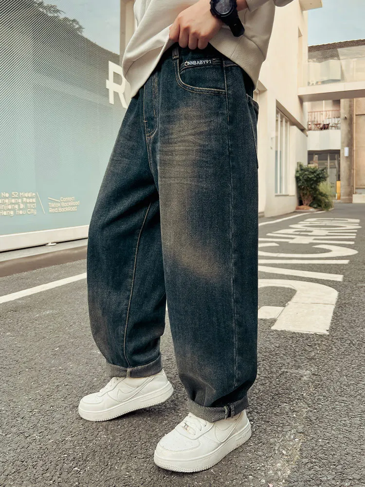 Teenagers Boys Jeans Spring Autumn Kids Denim Trousers Children Baggy Pants Elastic Waist Blue Jeans 6 7 8 10 11 12 13 14 Years