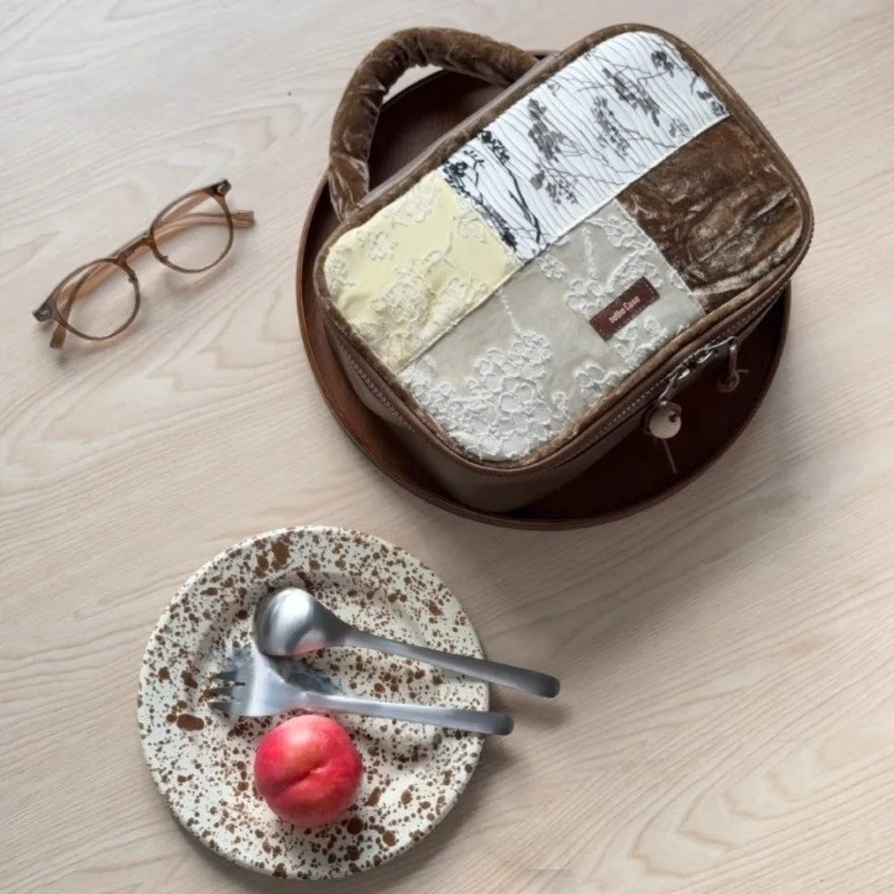 

Flower Jacquard Weave Makeup Bag Artistic PU Leather Skincare Product Storage Box Portable Large Capacity Handheld Makeup Case