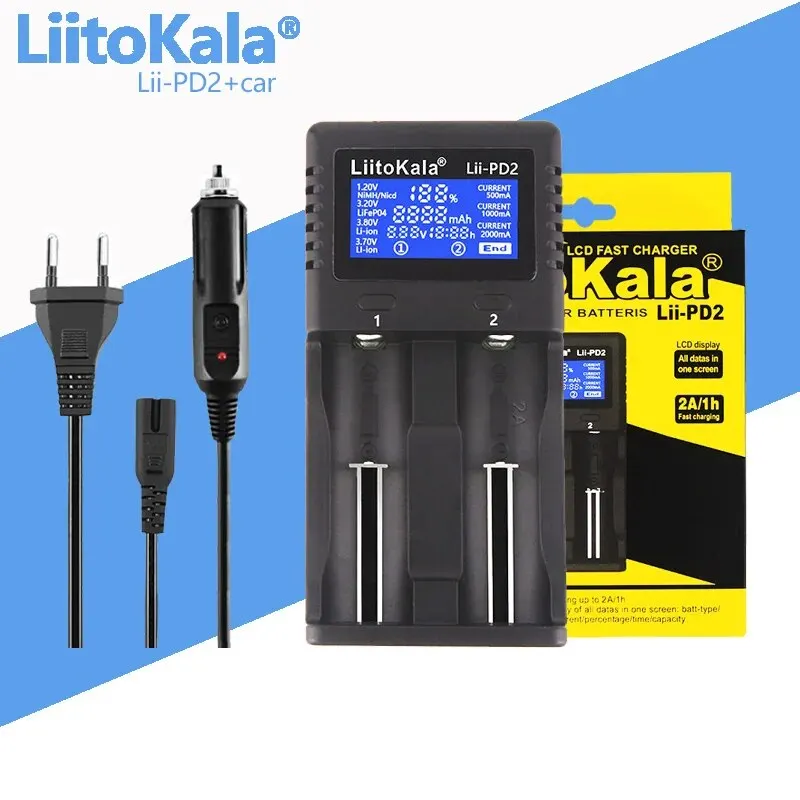 LiitoKala Lii-PD2 18650 Battery Charger for 3.7V Li-ion 18650/18500/16340/26650/21700 /20700/18350/CR123A 1.2V Battery+Car