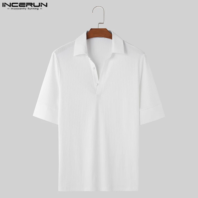 Handsome All-match Tops INCERUN Men\'s Striped V-neck Design Blouse Casual Streetwear Male Solid Short Sleeved Shirts S-5XL 2024