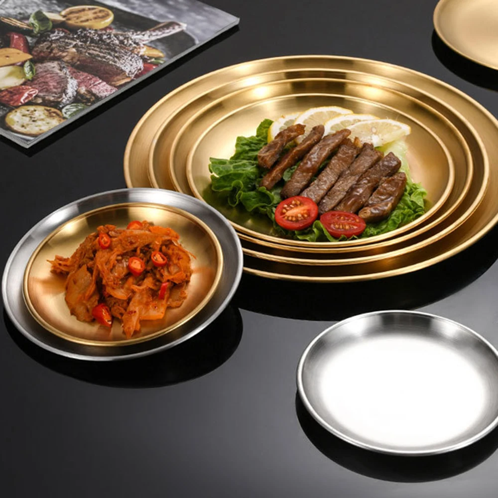 1Pc Stainless Steel Round Plate Bone Spitting Dish Shallow Tray Metal Camping Plate Dining Disc BBQ Picnic Dishes Cookware